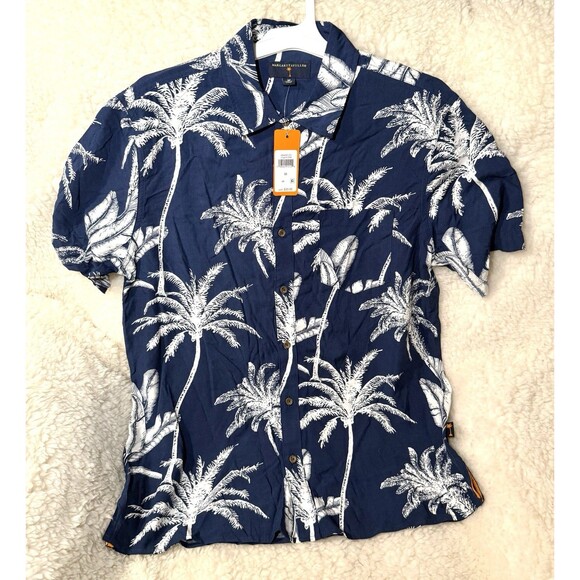 Margaritaville Casual Button Down Collared Men's Shirt Insignia Blue Palm Sz M - Picture 2 of 4
